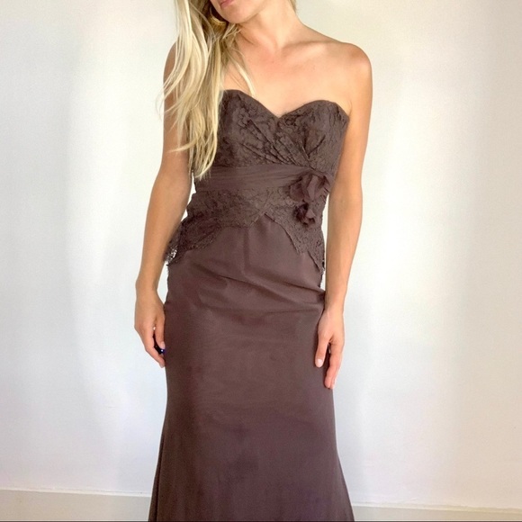 Elegant Strapless Brown Lace Dress - Picture 1 of 14